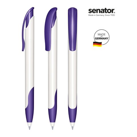 Werbeartikel senator Challenger Polished – weiß-violett – mit Logo bedruckt Marken-Kugelschreiber für Messen & Events blau-schreibend