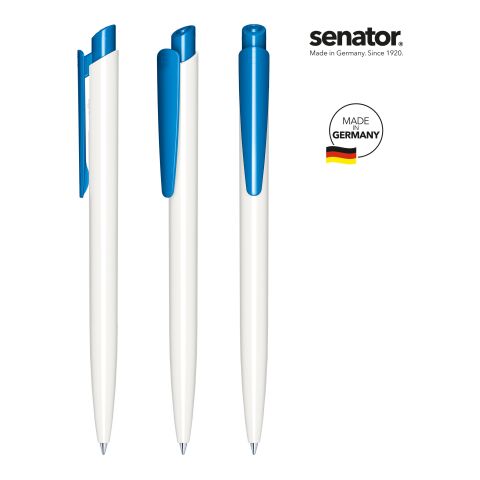 Streuartikel senator Dart Polished Druckkugelschreiber – weiß-blau – mit Logo bedruckt blau schreibend für den Büroalltag