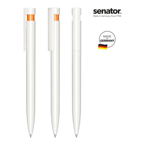 Werbeartikel senator Liberty Polished Basic – weiß-orange – mit Logo bedruckt Druckkugelschreiber für Messen & Events blau-schreibend