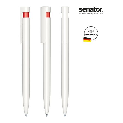 Firmengeschenk senator Liberty Polished – weiß-rot – mit Logo bedruckt Marken-Kugelschreiber für Messen & Events blau schreibend