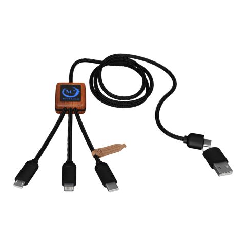 Werbeartikel SCX.design C38 5-in-1 Ladekabel aus rPET in quadratischem Bambusgehäuse mit Leuchtlogo | blau-holz | mit Logo bedrucken