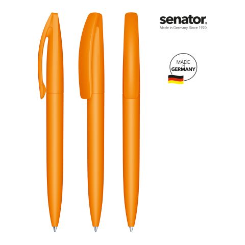 Werbeartikel Senator Bridge Soft Touch Drehkugelschreiber – orange – mit Logo bedruckt, blau schreibend für den Büroalltag