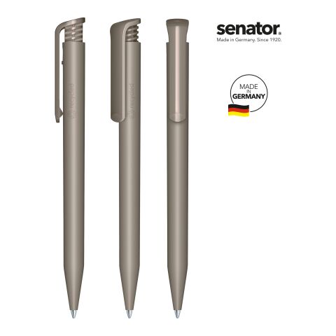 Werbeartikel senator Super Hit Matt Recycled – grau – mit Logo bedruckt nachhaltiger Druckkugelschreiber blau schreibend made in germany