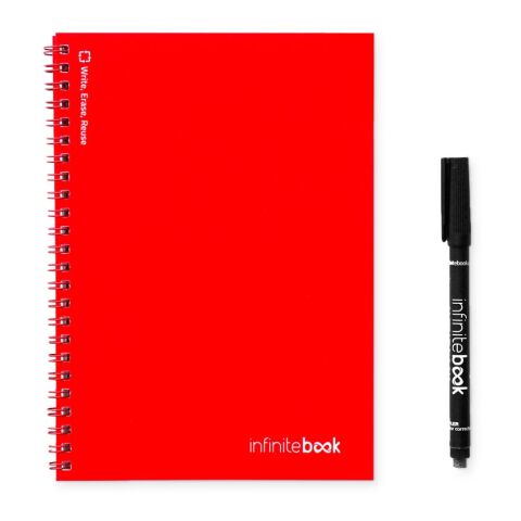 Werbeartikel INFINITEBOOK PLAIN A5. "Infinitebook" mit flexiblem Einband und 15 unlinierten Whiteboard Seiten – Rot – mit Logo bedruckt