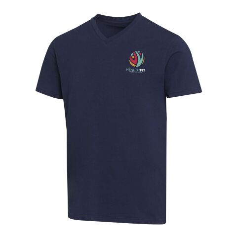 Werbeartikel Balfour Kurzärmeliges T-Shirt V-Ausschnitt aus 200 g/m² Bio Baumwolle (OCS), unisex – navy – XXS – mit Logo bedruckt