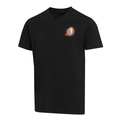 Werbeartikel Balfour Kurzärmeliges T-Shirt V-Ausschnitt aus 200 g/m² Bio Baumwolle (OCS), unisex – schwarz – XXL – mit Logo bedruckt