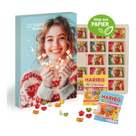 Adventskalender mit Haribo Fruchtgrummi, Inlay aus Papier bunt | ohne Werbeanbringung
