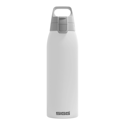 Werbeartikel SIGG Shield Therm ONE 1,0 L Trinkflasche 90% recycelter Edelstahl 72h kalt Einhand-Verschluss isoliert – weiß – mit Logo bedruckt