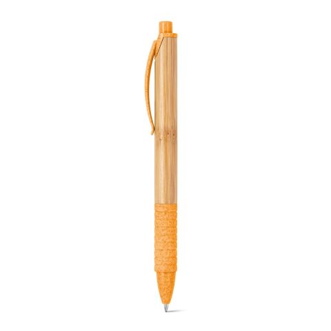 Streuartikel KUMA Bambus-Kugelschreiber – orange – mit Logo bedruckt, nachhaltig, ø11x142mm, blau schreibend für den Büroalltag