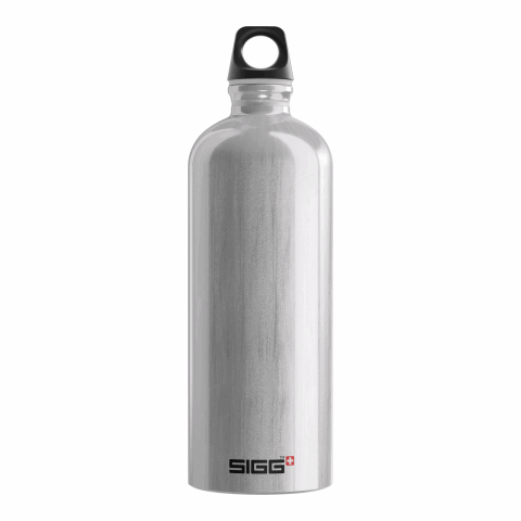 Nachhaltiger Werbeartikel SIGG Traveller 1.0 L – silber-schwarz – mit Logo bedruckt