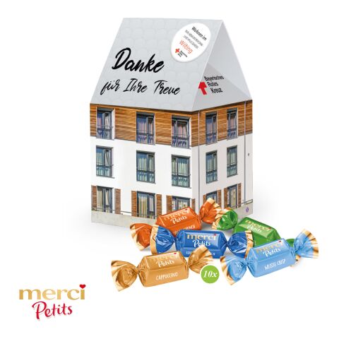 Streuartikel 3D Präsent Haus – bunt – mit bedrucktem Etikett als individuelles Werbegeschenk für Kunden, das einen Ehrenplatz im Büro findet