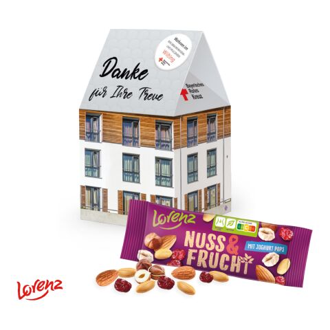 Streuartikel 3D Präsent Haus – bunt – mit bedrucktem Etikett individuelle Präsentverpackung aus Kartonage für Kunden als Werbegeschenk