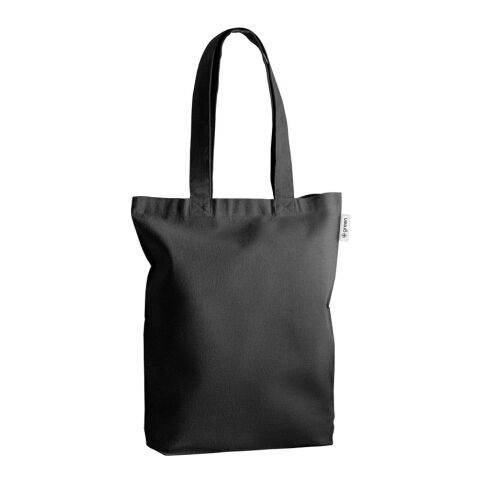 Werbeartikel MERIDA. Tragetasche (220 g/ m²) aus Baumwolle (50%), recycelter Baumwolle (30%) und polyester (20% rPET) – schwarz – mit Logo bedruckt