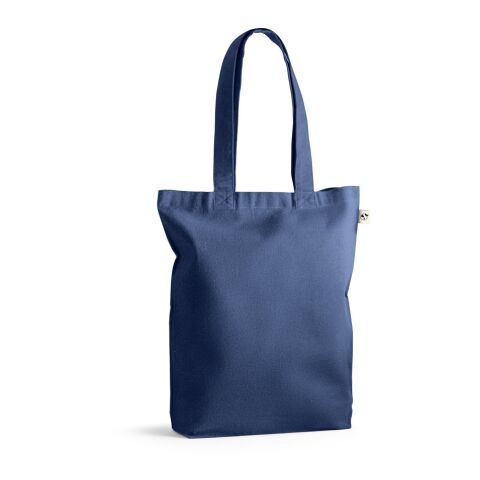 Werbeartikel MERIDA. Tragetasche (220 g/ m²) aus Baumwolle (50%), recycelter Baumwolle (30%) und polyester (20% rPET) – blau – mit Logo bedruckt