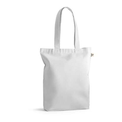 Werbeartikel MERIDA. Tragetasche (220 g/ m²) aus Baumwolle (50%), recycelter Baumwolle (30%) und polyester (20% rPET) – weiß – mit Logo bedruckt