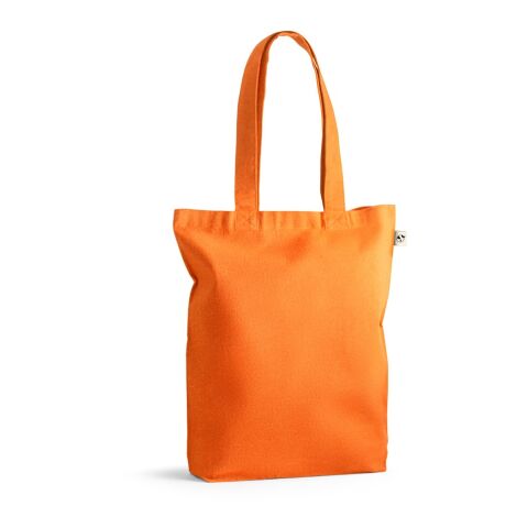 Werbeartikel MERIDA. Tragetasche (220 g/ m²) aus Baumwolle (50%), recycelter Baumwolle (30%) und polyester (20% rPET) – orange – mit Logo bedruckt