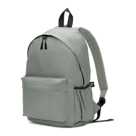 Werbeartikel ROSARIO. Klassischer Rucksack mit zeitlosem Design aus recyceltem 600D Polyester – hellgrau – mit Logo bedruckt