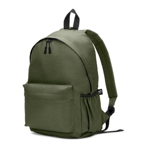 Werbeartikel ROSARIO. Klassischer Rucksack mit zeitlosem Design aus recyceltem 600D Polyester – Dunkelgrün – mit Logo bedruckt