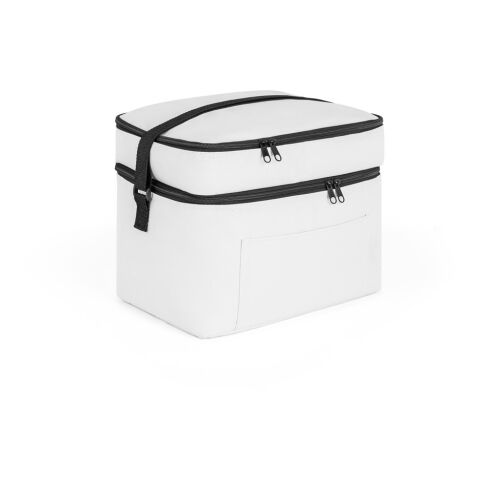 Werbeartikel CANCUN LARGE. Kühltasche aus 600D, recyceltem Polyester, mit verstellbarem Gurtband 14 L – Weiß – mit Logo bedruckt