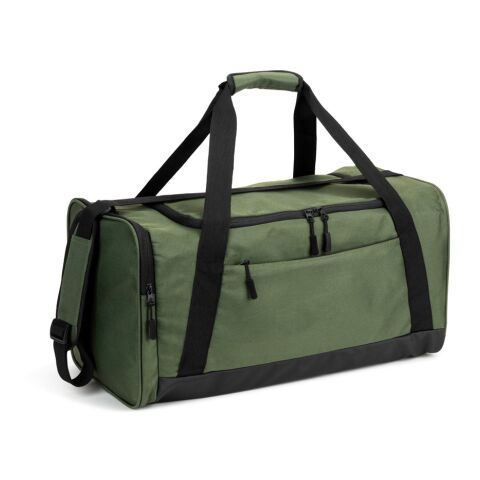 Werbeartikel FARO. Sporttasche aus recyceltem 600D Polyester – Dunkelgrün – mit Logo bedruckt