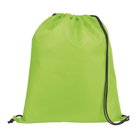 Werbeartikel CARNABY. 210D Rucksacktasche mit schwarzen Zugbändern – hellgrün – mit Logo bedruckt