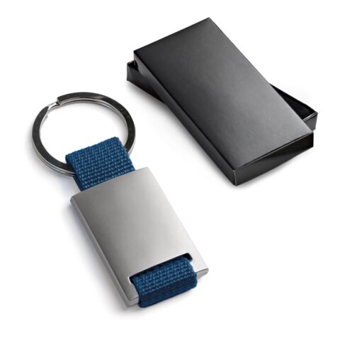 Werbeartikel GRIPITCH. Schlüsselanhänger aus Metall und Gurtband – mittelblau – mit Logo bedruckt