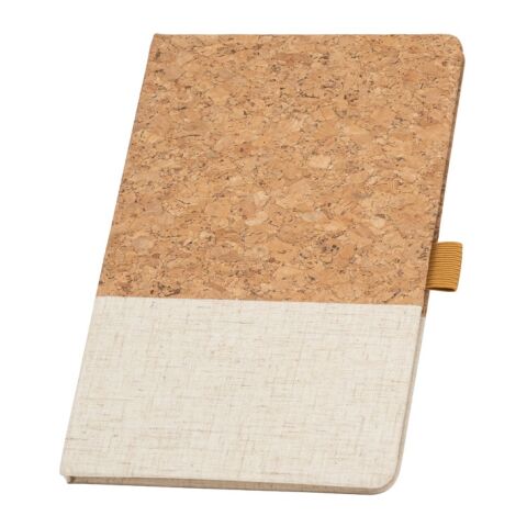 Nachhaltiger Werbeartikel KLEE. A5 Notizbuch aus Kork und Leinen mit linierten Blättern – beige – mit Logo bedruckt