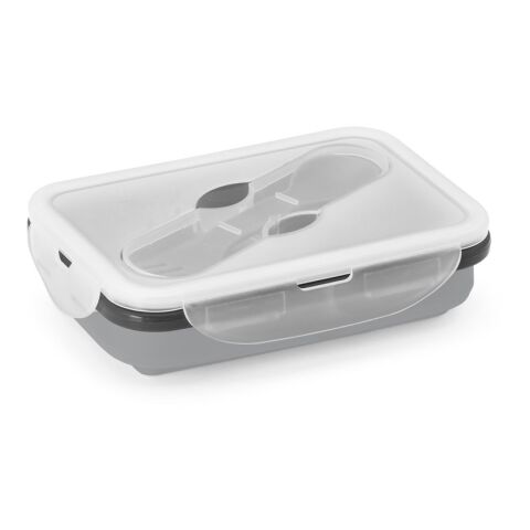 Werbeartikel SAFFRON. Lunchbox. Faltbare hermetische Frischhaltebox aus Silikon und PP 640 mL – Hellgrau – mit Logo bedruckt
