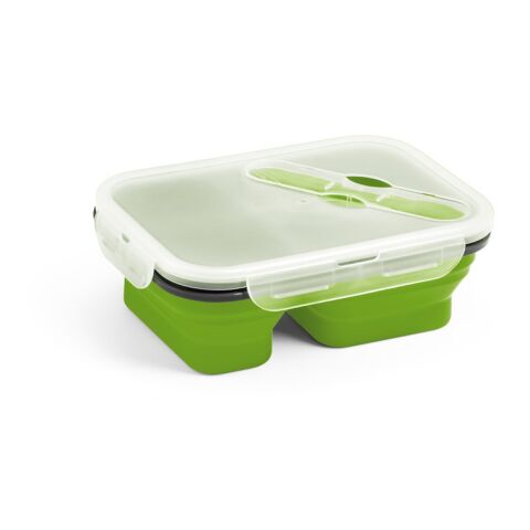 Werbeartikel DILL Brotdose – hellgrün – mit Logo bedruckt faltbar hermetisch Silikon PP 480 760 mL Mikrowellengeeignet 212x153x73 mm