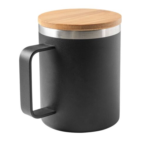 LAUDA. Becher aus 90% recyceltem Edelstahl mit Bambusdeckel 420 mL Schwarz | ohne Werbeanbringung