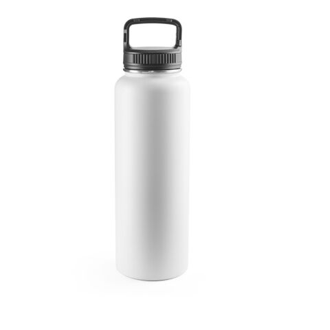 Nachhaltiger Werbeartikel SINNER. Flasche aus 90% recyceltem Edelstahl mit einem großen Fassungsvermögen von bis zu 1200 ml – weiß – mit Logo bedruckt