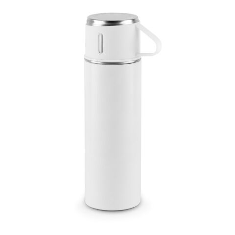 Nachhaltiger Werbeartikel COMANECI. Doppelwandige Edelstahlflasche (90% recycelt) mit matter Oberfläche 490 ml – weiß – mit Logo bedruckt