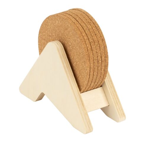 PLYCORK. Sperrholzständer mit 6 Korkuntersetzern Beige | ohne Werbeanbringung