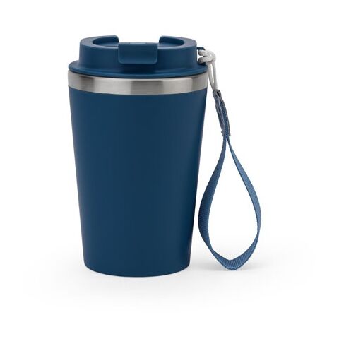 Werbeartikel SPITZ. Reisebecher aus Edelstahl (90 % recycelt) und Außenwand aus PP mit matter Oberfläche 440 ml – Dunkelblau – mit Logo bedruckt