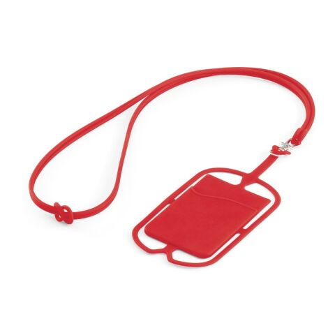 Werbeartikel NICOLAUS Lanyard Schlüsselband mit Silikon Kartenetui & Smartphone-Halter ideal für Messen & Events – rot – mit Logo bedruckt
