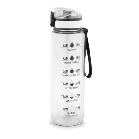 ERIKSSON. Flasche aus recyceltem PET (100 % rPET) mit motivierenden Sprüchen und Zeitmarkierungen, die zum Wassertrinken anregen Transparent