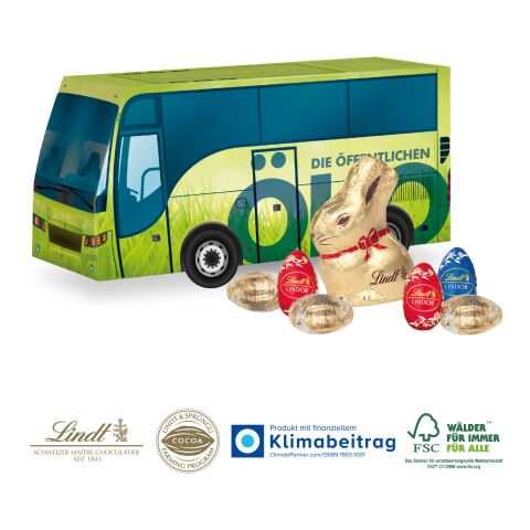 3D Präsent Bus mit Lindt Goldhase und Schoko-Eier, Klimaneutral, FSC® ohne Werbeanbringung