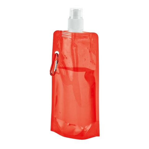 Werbeartikel KWILL Faltflasche 460ml faltbare Trinkflasche PE mit Karabiner & Push-Pull-Verschluss platzsparend – rot – mit Logo bedruckt