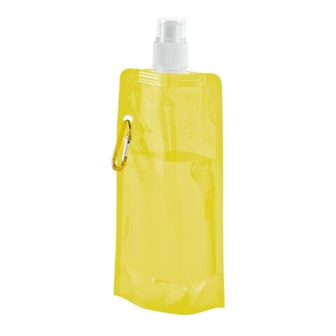 Werbeartikel KWILL Faltflasche 460ml faltbare Trinkflasche PE mit Karabiner & Push-Pull-Verschluss platzsparend – gelb – mit Logo bedruckt