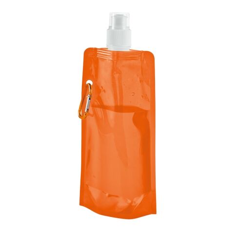 Werbeartikel KWILL Faltflasche 460ml faltbare Trinkflasche PE mit Karabiner & Push-Pull-Verschluss platzsparend – orange – mit Logo bedruckt