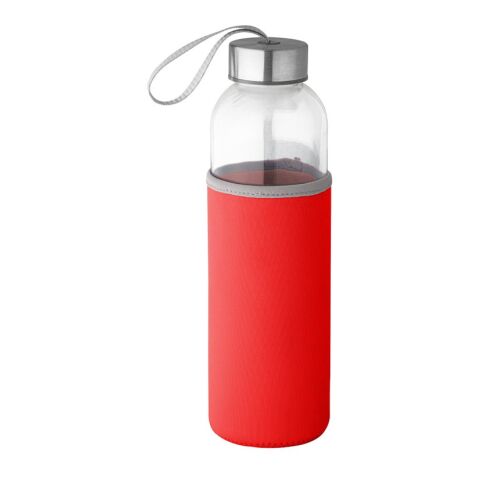 Werbeartikel RAISE. 520 ml Glas-Sportflasche mit Softshell-Hülle & Edelstahl-Deckel inkl. Trageschlaufe – rot – mit Logo bedruckt