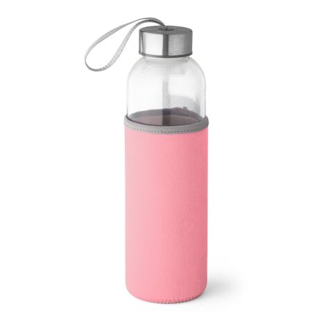 Werbeartikel RAISE. 520 ml Glas-Sportflasche mit Softshell-Hülle & Edelstahl-Deckel inkl. Trageschlaufe – Hellrosa – mit Logo bedruckt