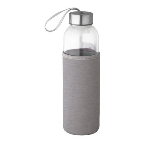 Werbeartikel RAISE. 520 ml Glas-Sportflasche mit Softshell-Hülle & Edelstahl-Deckel inkl. Trageschlaufe – hellgrau – mit Logo bedruckt
