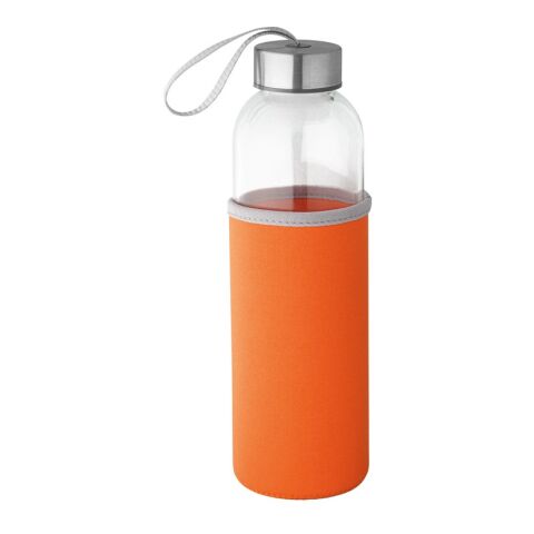 Werbeartikel RAISE. 520 ml Glas-Sportflasche mit Softshell-Hülle & Edelstahl-Deckel inkl. Trageschlaufe – orange – mit Logo bedruckt