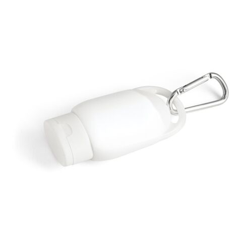 Werbeartikel ERIC. Sonnencreme LSF30 – weiß – mit Logo bedruckt 30ml inkl. Karabiner für Messen und Events 93x50x23mm