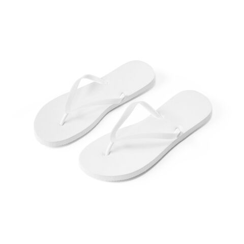 Werbeartikel MAUPITI L / XL. Bequeme Flip-Flops mit PE-Sohle und PVC-Riemen – weiß – mit Logo bedruckt