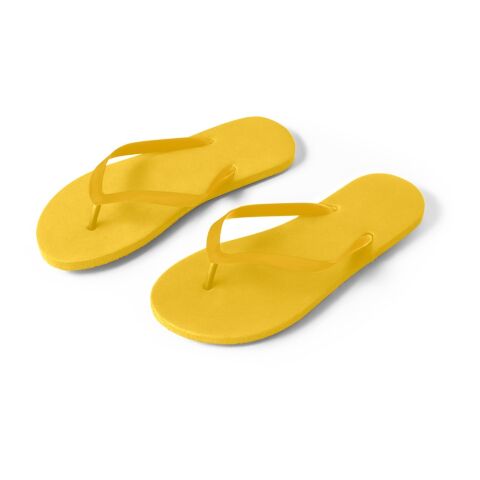 Werbeartikel Flip-Flops MAUPITI L/XL – gelb – mit Logo bedruckt PE-Sohle PVC-Riemen Größe 40-43 moderne Pool Slides für Sommer-Events