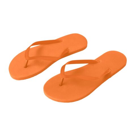Werbeartikel MAUPITI L / XL. Bequeme Hausschuhe mit PE-Sohle und PVC-Riemen – orange – mit Logo bedruckt