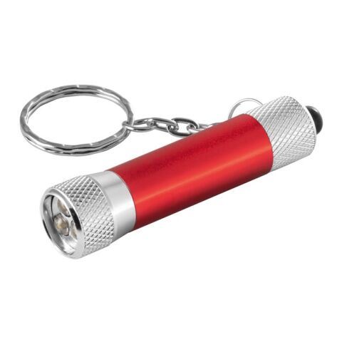 Werbeartikel RE-LERGAN. Schlüsselanhänger aus Aluminium (92% recycelt) mit 3-Licht-LED-Taschenlampe – rot – mit Logo bedruckt