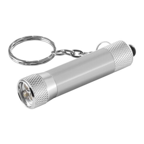 Werbeartikel RE-LERGAN. Schlüsselanhänger aus Aluminium (92% recycelt) mit 3-Licht-LED-Taschenlampe – silber – mit Logo bedruckt
